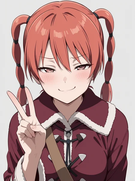 best quality, amazing quality, very aesthetic, absurdres, masterpiece, <lora:Ran_Theoria_ILXLv0:0.9> ran_theoria, coat, (smug:1.1), upper body, peace sign,