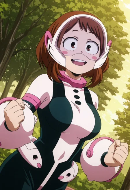 anime coloring, anime screencap, masterpiece
outdoors, tree,
1girl, solo, chako uraraka,uraraka's uravity outfit, brown eyes, brown hair, short hair, blush, blush stickers, smile, mouth open, :D, bodysuit, skin-tight, (glass visor on face),
looking at viewer, cowboy shot, dutch angle, dynamic pose,