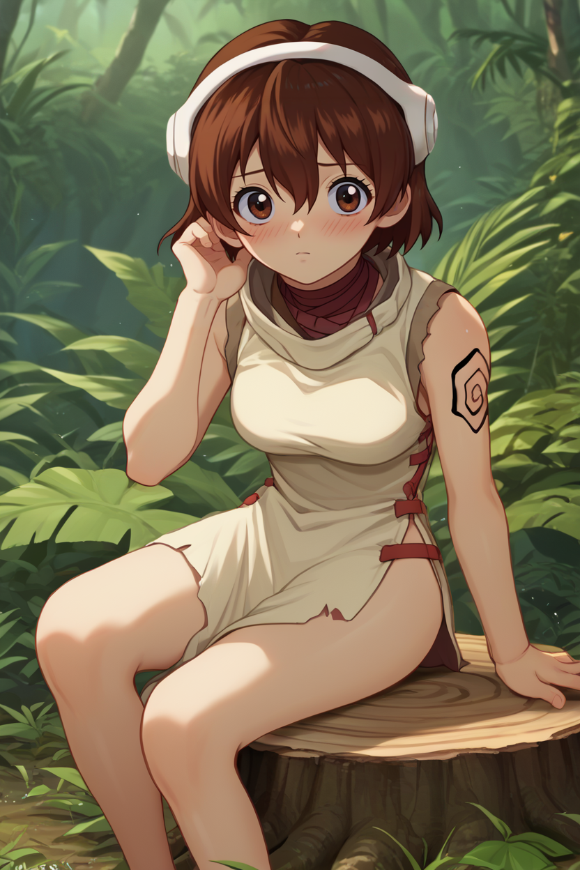 score_9, score_8_up, score_7_up, score_6_up, source_anime, BREAK 1girl, solo,  <lora:dsyuzu-pdxl-nvwls-v1-000005:1> dsyuzu, brown hair, brown eyes, headphones, short hair, red choker, beige dress, sleeveless, tattoo, side slit, sitting, tree stump, jungle, looking at you, blush