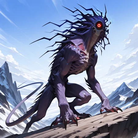 a ferocious humanoid-looking monster on top of a mountain,masterpiece,best quality,amazing quality,2D,Smo0thL1nes,solo,1men,qqdarkling,monster,purple body,long body,(long neck:0.8),one-eyed,red eye,glowing eye,black sclera,claws,long tail,looking at viewer,dark aura,full body,outdoors,mountain,day