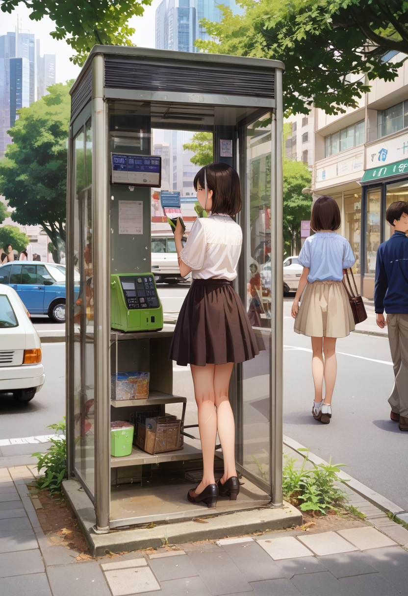 score_9, score_8_up, score_7_up, rating_safe, masterpiece, best quality, absurdres, unity 8k wallpaper, official art, official style, source_anime, uncensored, game cg, megami magazine,
telephone box, tree, motor vehicle, outdoors, multiple girls, bag, multiple boys, day, car, building, real world location, holding, phone, city, short hair, handbag, black hair, scenery, shirt, brown hair, skirt
 <lora:DenwaBoxJP_PONY_V1:1>