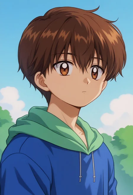 score_9, score_7_up, source_anime
kanata, 1boy, male focus, solo, brown eyes, brown hair, short hair, bangs, hair between eyes, hoodie, hood, blue hoodie, green hood, jitome, portrait
outdoor, sky,