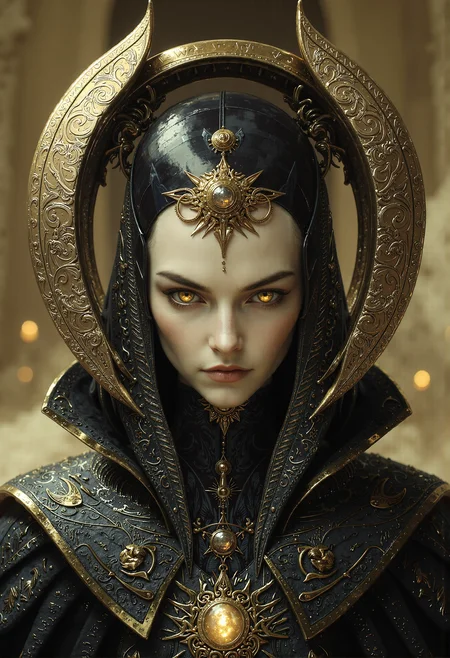 A regal, futuristic portrait of a serene female figure with a pale, porcelain-like face and delicate features, exuding an air of mystery and grace. Her head is adorned with an intricately designed, ornate headdress made of black and gold filigree, resembling a fusion of baroque artistry and advanced technology. The headdress curves elegantly around her head, with subtle details of cosmic symbols and golden patterns etched into its surface, glowing faintly as if imbued with mystical energy. Her downcast gaze and long, dark lashes lend a meditative and introspective aura to her demeanor, while a single golden ornament dangles delicately from her cheek, accentuating her otherworldly beauty.  Her clothing is equally detailed, featuring a high-collared black garment with textures resembling a mix of leather and fine silk, embellished with golden embroidery that flows organically like veins of liquid gold. A prominent, glowing pendant rests at her chest, encased in a complex, mechanical design that hints at a balance between ancient elegance and futuristic functionality. The background is minimalist, a soft gradient of warm beige tones that draws all focus to her striking presence. The composition captures a perfect blend of high fashion, timeless elegance, and advanced sci-fi aesthetics. <lora:frazetta_flux_v2-000150.safetensors:0.4>,  <lora:Flux_-_Renaissance_art_style.safetensors:0.4>,  <lora:flux.1_lora_flyway_Epic-Characters_v1.safetensors:0.3>,  <lora:flux.1_lora_flyway_Epic-detail_v2.safetensors:0.6>,  <lora:Warhammer_Rogue_Trader_Style_flux-000021.safetensors:0.5>,   <lora:BeautyInEvilFlux.safetensors:0.75>,  <lora:Movie_Portrait.safetensors:0.5>,  <lora:- Flux1 - soothing_atmo_V2.0.safetensors:0.2>,