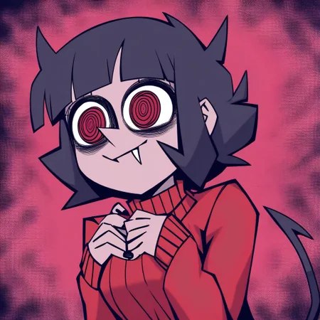 helltaker style, helltaker style, helltaker style, red eyes, red eyes, bags under eyes, heavy bags under eyes, heavy eyebags, red eyes, swirling pupils, swirling pupils, black hair, fluffy hair, shaggy hair, shaggy hair, fangs, fangs, fangs, black fingernails, black fingernails, red sweater, red sweater, long sweater, long sweater, sweater covering legs, no pants, no pants