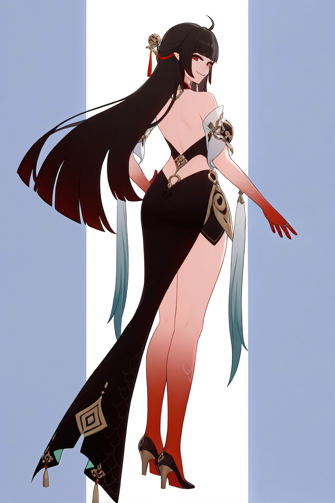 8k, best quality, masterpiece, (ultra-detailed), (high detailed skin), 
full body, full shot, standing, looking at viewer, (solo:1.2), simple background, white background, from behind, looking back, looking at viewer, evil smile, 
<lora:lingsha-a3-Tanger-000014:0.8>, lingsha, default clothes, red hands, red feet, black dress, 1girl, long hair, black hair, breasts, ahoge, high heels, 
A full-body portrait of a young girl, standing gracefully, pastel art style, high-key lighting, shoujo manga influence, hd quality, delicate details,