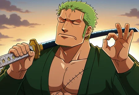 masterpiece, high quality, p4ch4, hands up, ok sign, closed eyes, closed mouth, facing to the side, 1boy, male focus, solo, thick eyebrows, manly, roronoa zoro, holding sword, katana, weapon, sword over shoulder,