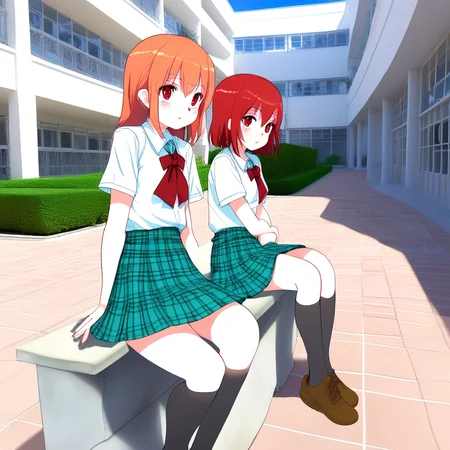 great quality,(almic,akakura,ogipote,dikko:0.7), (sincos:0.6)  school courtyard , outdoors,day,white school building,tile ground,blue sky,brown bench,2girls,talking,upping body ,white shirt,2girls,red hair,red eyes,,gree hair,aqua eyes,multiple girls,red skirt,plaid skirt