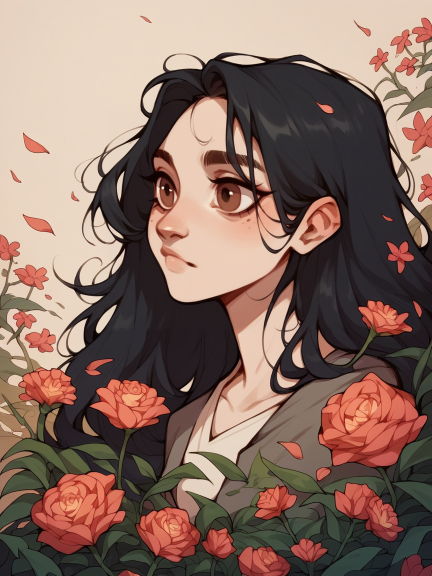 score_9, score_8_up, score_7_up, score_6_up, score_5_up,   <lora:tamaytkaXLP:1> tamaytka, 1girl, long hair, brown eyes, flower, black hair