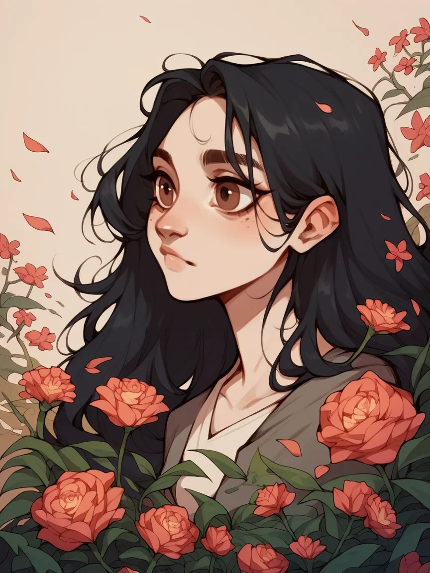 score_9, score_8_up, score_7_up, score_6_up, score_5_up, <lora:tamaytkaXLP:1> tamaytka, 1girl, long hair, brown eyes, flower, black hair