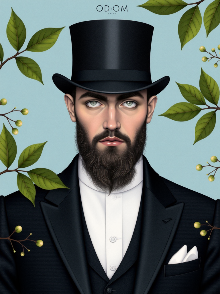 ODOM_art <lora:flux-lora-000006:1>A portrait of a distinguished man with a prominent beard, dressed in a formal suit and top hat, exuding an air of elegance and mystery. He gazes directly at the viewer, with striking pale eyes contrasting against his dark attire. The background is a subtle pastel blue, enhancing the subject's features. Delicate green leaves with small berries frame the composition, adding natural elements that soften the formality of his outfit. The mood is introspective and slightly enigmatic, inviting viewers to ponder the subject's story and identity.