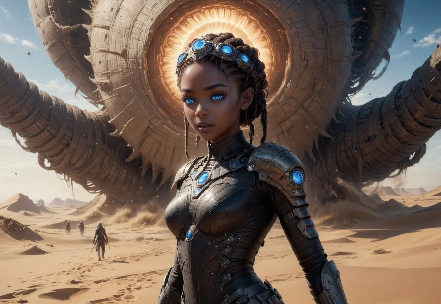 embedding:urn:air:sd1:embedding:civitai:222256@250708, (absurdres, highest quality, very aesthetic, intricate details, masterpiece, award-winning, official artwork, 8k, UHD, HDR:1.3),
(breathtaking November Annabella Nova Terra standing in front of a sandworm during a sandstorm, Nova (StarCraft), gorgeous, (dark skin:1.3), cute face, exotic eyes, (blue eyes, glowing eyes:1.6), full lips, braided crown hairstyle, skindentation, detailed skin shading, looking at viewer, (hero view, dynamic pose, full-body view:1.2)),
futuristic background, sci-fi background, outside backgroudn, orbital view, planetary view,
cinematic scene, sexy pose, hyperrealism, RAW photo, sharp focus,
optical effects, lighting effects, light leaks,
digital painting,
nostromostyleai,
sexyai,
7-dune, sand worm,