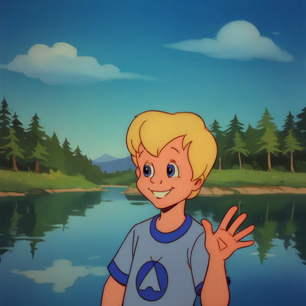 score_9_up, score_8_up, BREAK, johnCB, 1boy, human, male child, blue eyes, blonde hair, blue camping shirt, upper body, blue sky, sunny, standing, lake, waving hello, smile, <lora:John_Care_Bears_Movie_II:1>