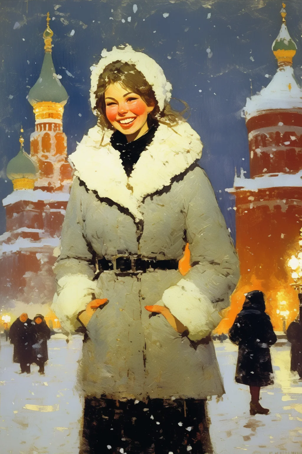 <lora:Konstantin Korovin Style:1>Konstantin Korovin Style - painted like Bernie Fuchs, a beautiful laughing Russian young woman standing in Kremlin Square in the snow at night wearing top fashions to stay warm. Many warm lights.