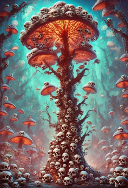 score_9, score_8_up, score_7_up, score_6_up, score_5_up, score_4_up, A playful, nuclear mushroom made with skulls