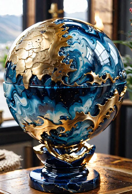 zephyr epoxy sphere sculpture, hight refract, amazing, composition, [roses : gold], epoxy Live edge, hight quality, (((masterpiece))) , (hight detailed)  <lora:add-detail-xl:1> blue polished marble