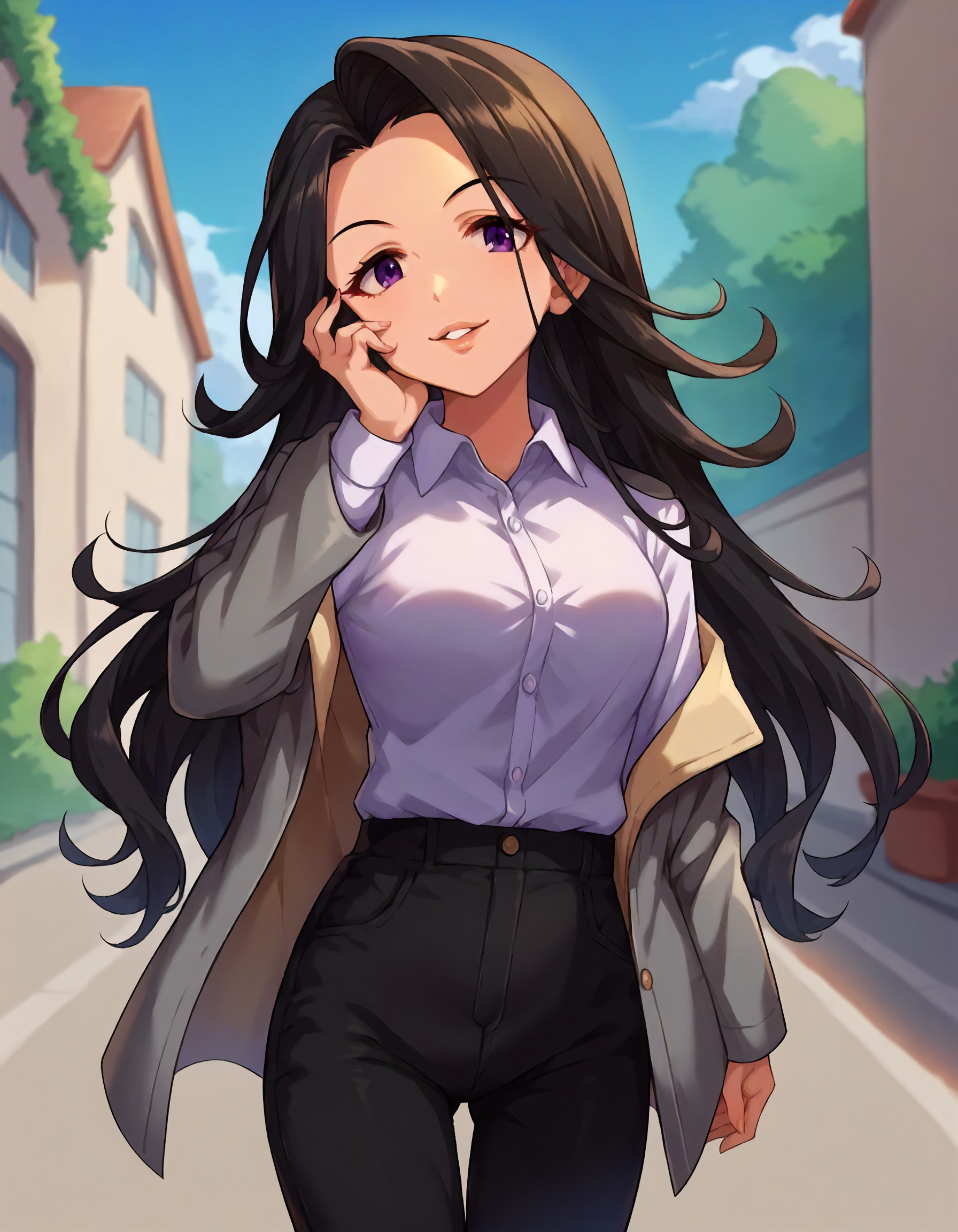 score_9,score_8_up,score_7_up,1girl,solo,cowboy shot,looking at viewer,smile,parted lips,outdoors,hand on own face,
<lora:takahashireiko_ponyXLV6:0.8>,cgtre,black hair,long hair,purple eyes,
grey jacket,white collared shirt,black pants