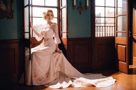 ZM_helle, (style of Paolo Roversi) Renaissance adult woman, flowing diaphanous gown, seated by a window, period-appropriate artifacts, soft light, intricate details, thoughtful expression, soft lighting, rich textures, detailed embroidery, elegant and timeless, muted color palette, vintage and nostalgic, rule of thirds composition, soft shadows, dreamy atmosphere
