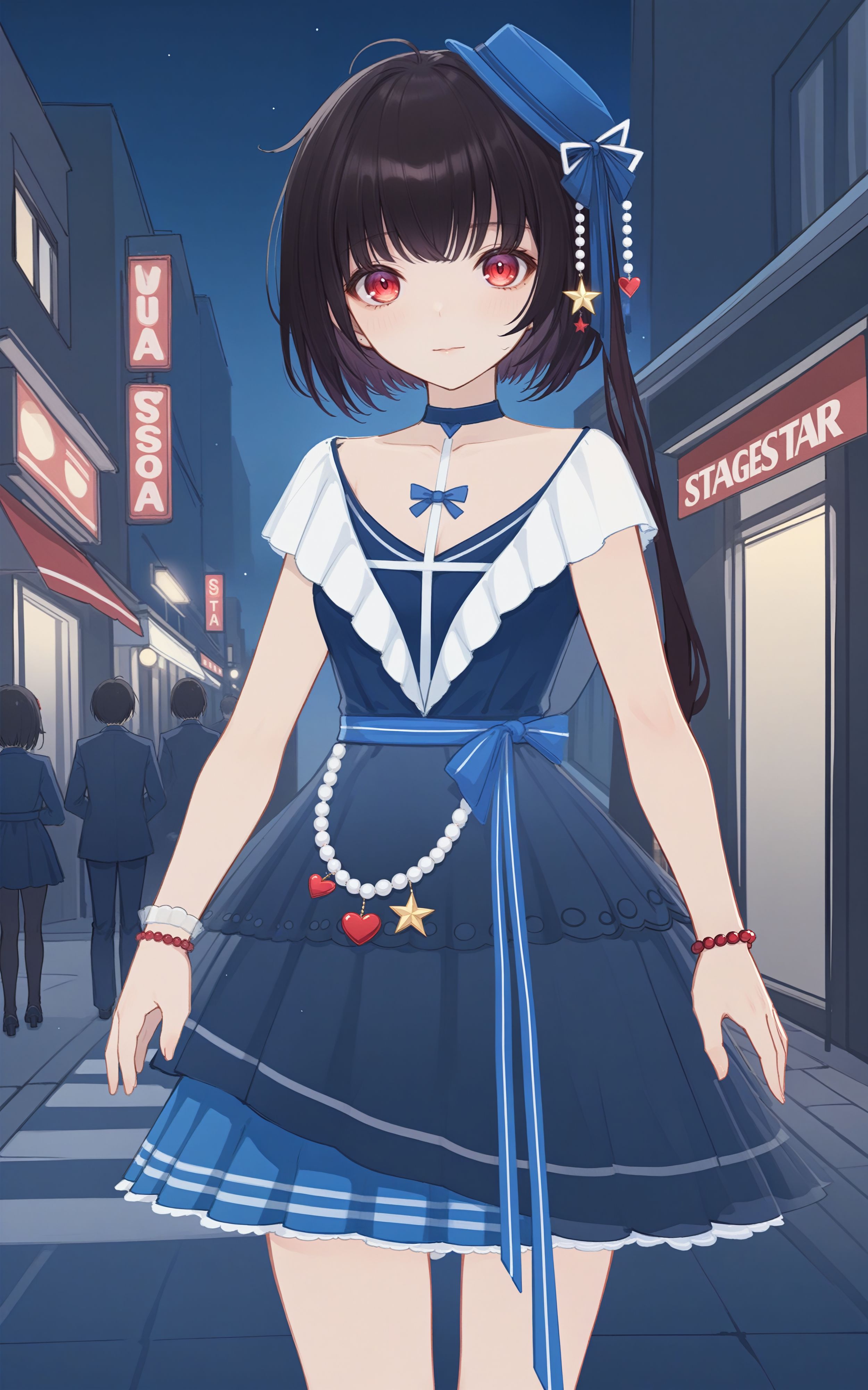 <lora:sdxl_base_yousa v1.1:0.6>, masterpiece, best quality, yousa, yousa_StageStar, 1girl, solo, red eyes, DMB_hair, StageStar_hair_ornament, (StageStar_suits:1.2), looking at viewer, city, street, night, night sky