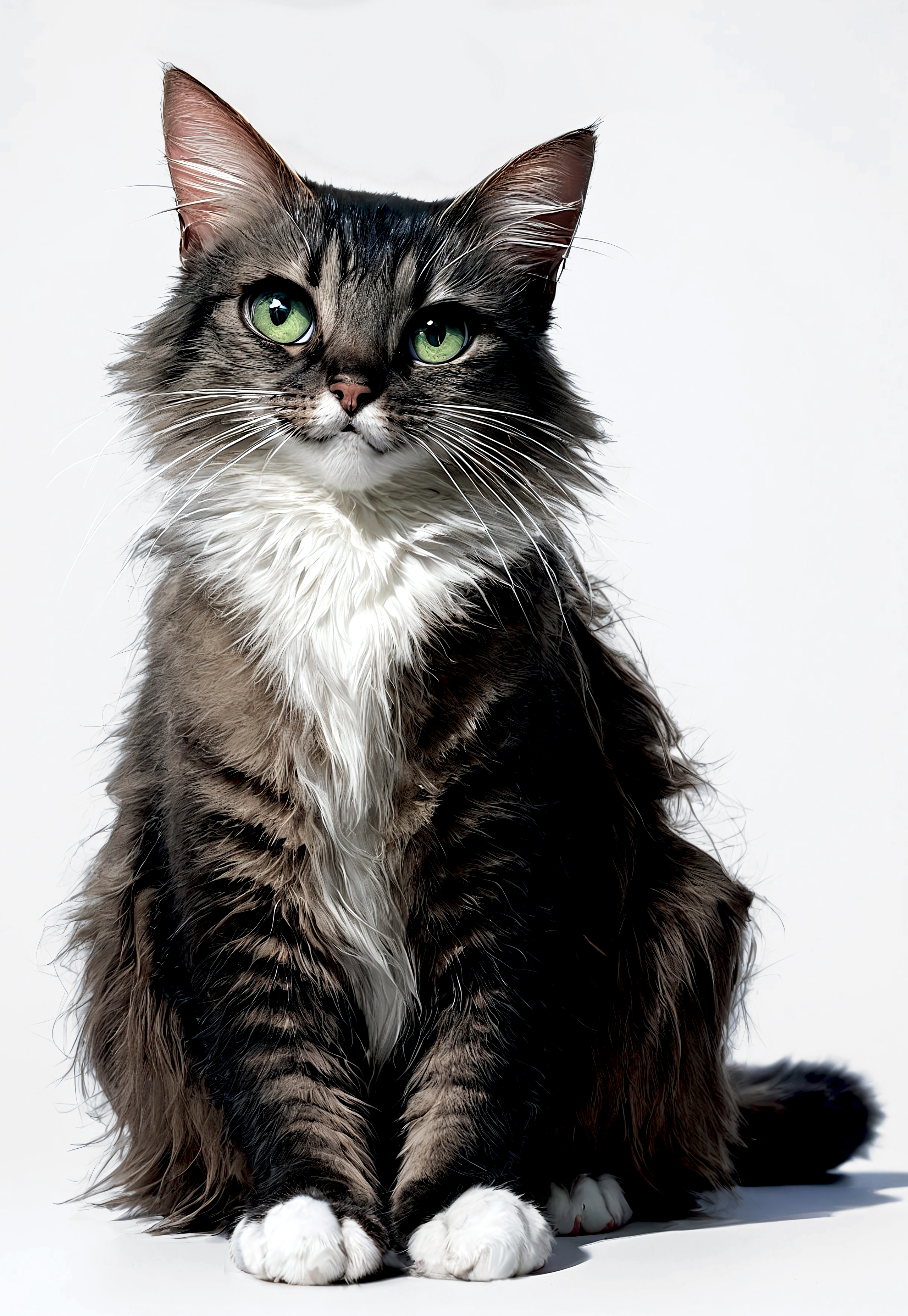 score_9, score_8_up, score_7_up, realistic, photo, 1cat, solo, cute, sitting on a cloud in the sky, (((molly:1.2))), cat ears, angel wings, glowing halo, long cat tail, sitting on floor, looking up at viewer, big eyes, green eyes, perfect paws, meowing, 4n1v3rs3, ((simple white background)), studio lighting, hyperdetailed, sharp details, highly detailed, high quality, ((highly detailed fur, groomed fur)), masterpiece