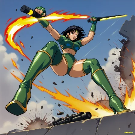 score_9,score_8_up,score_7_up,score_6_up,score_5_up,score_4_up BREAK <lora:black_orchid-v0_pdxl:0.8>,black orchid,1girl,short hair,black hair,green nails,thighhighs,gloves,high heels,thigh boots,green footwear,fingerless gloves,crop top,headband,green leotard,earrings,jewlery,1990s (style),Asian,tonfa,weapon,cover page,action pose,fire,explosions,from below,