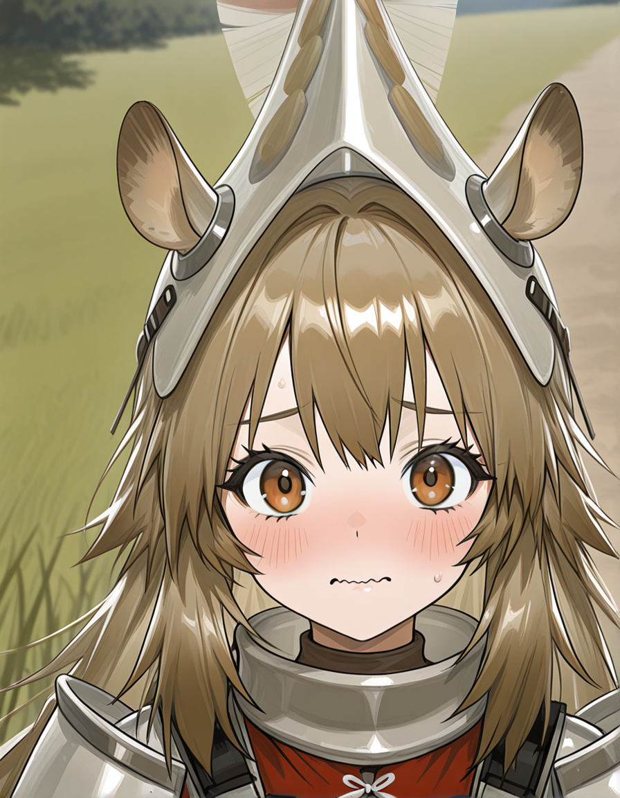 masterpiece, best quality, beautiful accurate depth-of-field, 1girl, cropped, w1ldman3AK, WMAK helmet, WMAK Armor, face-focus, wavy mouth, blushing, horse ears, outdoors background, straight-on, looking at the viewer