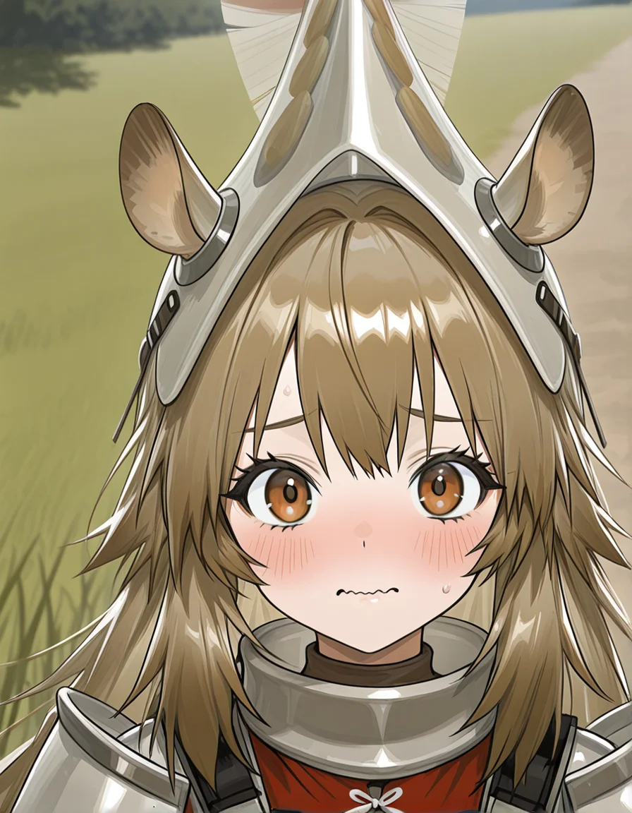 masterpiece, best quality, beautiful accurate depth-of-field, 1girl, cropped, w1ldman3AK, WMAK helmet, WMAK Armor, face-focus, wavy mouth, blushing, horse ears, outdoors background, straight-on, looking at the viewer