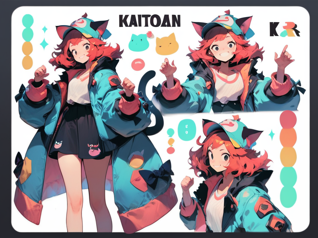 score_9, score_8_up, score_7_up, cat girl, big coat, black eyes, red hair, hat, leaning forward, cute pose, small breasts, thick thighs, smile, looking at viewer, cute, simple black background, dynamic pose, sexy, reference sheet, 
 <lora:XLPCharacterDesign_Concept:1> CharacterDesignXL