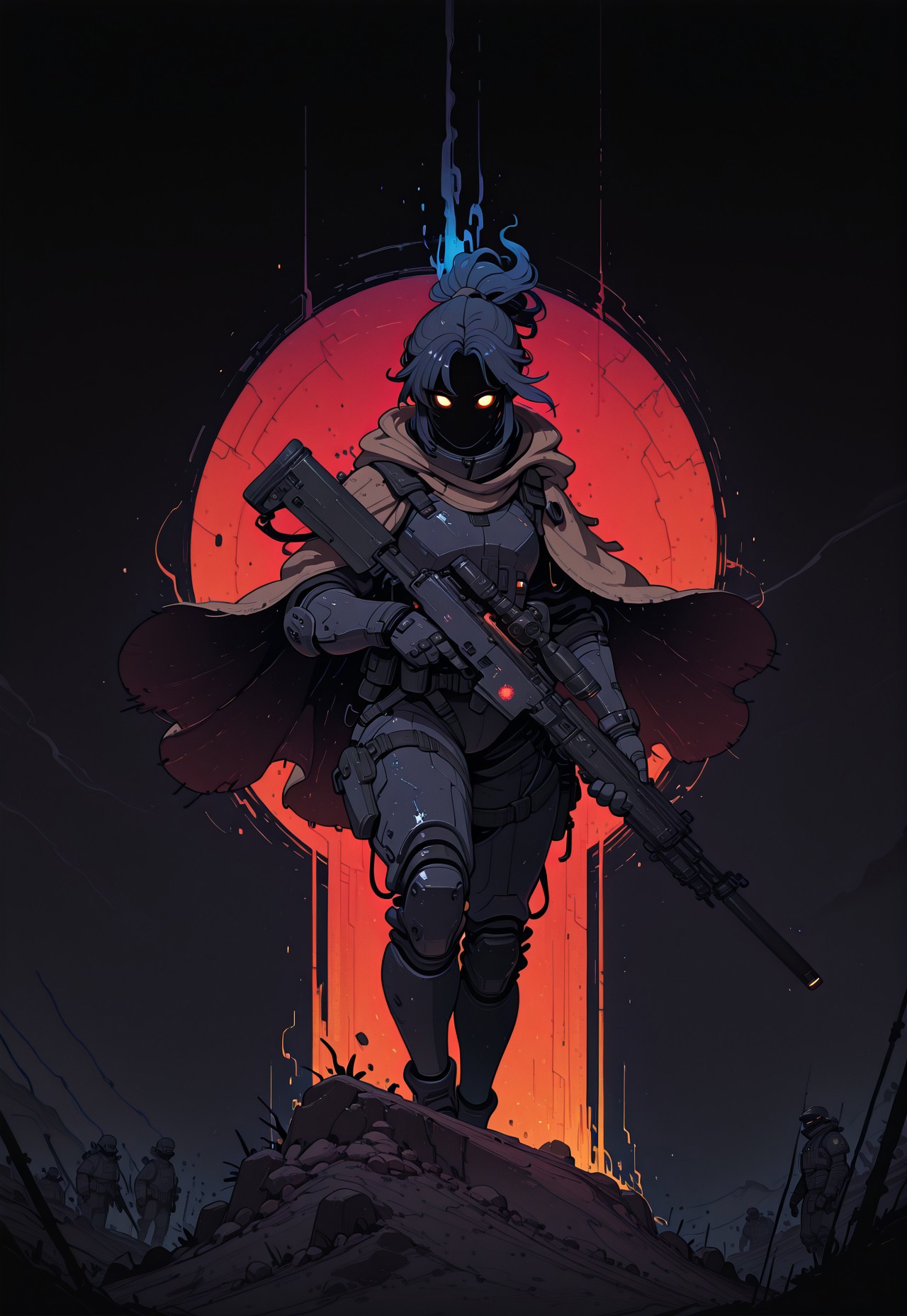 masterpiece, best quality, amazing quality, very aesthetic, absurdres, newest, digital_painting, semi_realistic, sketchy_style, muted_color_palette, futuristic_warrior, soldier, desolate_misty_environment, gradient_blues_grays, dark_tactical_gear, no_hood, wind_swept_hair, billowing_ponytail, deep_earthy_brown_cloak, rugged_texture, flowing_fabric, glowing_orange_eyes, advanced_technology, supernatural_aura, futuristic_rifle, metallic_body, red_glowing_light, action_ready_pose, dark_blue_gray_armor, heavy_duty_protection, cinematic_shading, moody_lighting, atmospheric_depth
