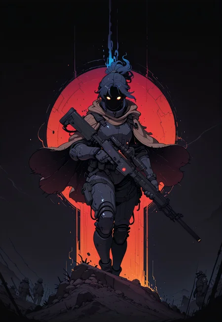 masterpiece, best quality, amazing quality, very aesthetic, absurdres, newest, digital_painting, semi_realistic, sketchy_style, muted_color_palette, futuristic_warrior, soldier, desolate_misty_environment, gradient_blues_grays, dark_tactical_gear, no_hood, wind_swept_hair, billowing_ponytail, deep_earthy_brown_cloak, rugged_texture, flowing_fabric, glowing_orange_eyes, advanced_technology, supernatural_aura, futuristic_rifle, metallic_body, red_glowing_light, action_ready_pose, dark_blue_gray_armor, heavy_duty_protection, cinematic_shading, moody_lighting, atmospheric_depth
