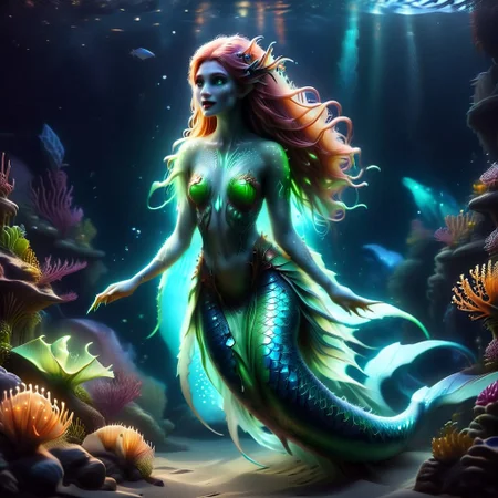Draw a feminine bioluminescent siren With copper hair, Brightly coloured long finger nails, fangs, bohemian horror, whale shark spots, translucent dress, muscular arms, fins,mermaid,glow,benthic merfolk