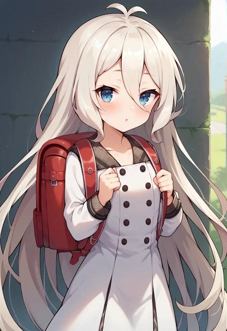 score_9, score_7_up, hd, (ultra hd quality details), source_anime, blurry background,
solo, 1girl, rlkok, white hair, very long hair, antenna hair, blue eyes,
sailor dress, white dress, plaid, backpack,
looking at viewer, blush, split mouth,
standing,
<lora:_kokkoro-elesico-ponyr2:0.9>