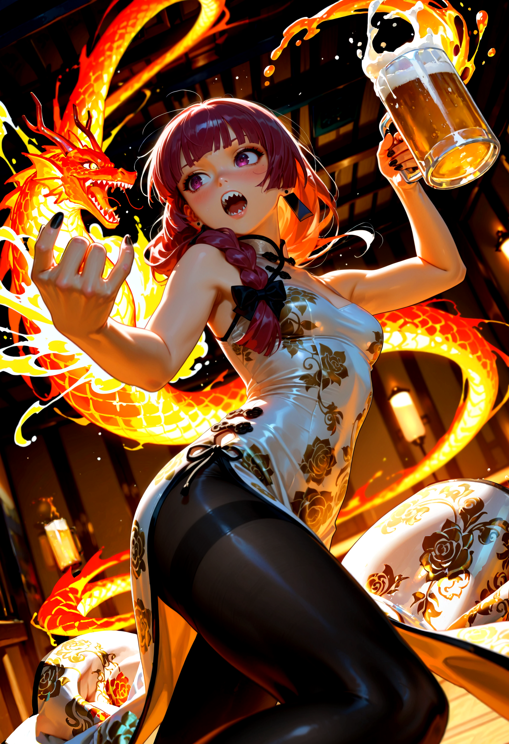 masterpiece, best quality, very aesthetic, newest, photo-referenced, dutch angle, perspective, chiaroscuro, rim lighting, detailed clothing, detailed shading, dynamic pose, photorealistic, <lora:Detailer\Smooth_Booster_v2:0.5> BREAK hiroi kikuri, :o, sharp teeth, black fingernails, chinese dress, embroidered dress, black pantyhose, kung fu, action pose, holding beer mug, splashing beer, orange liquid dragon,