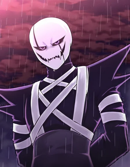 1boy, solo, xgasterclothes, (from below:2), purple eyes, male focus, outdoors, cloud, arms behind back, cloudy sky, colored sclera, rain, upper body, black sclera, red sky, <lora:XGaster:0.7>, neg \(101neg\)