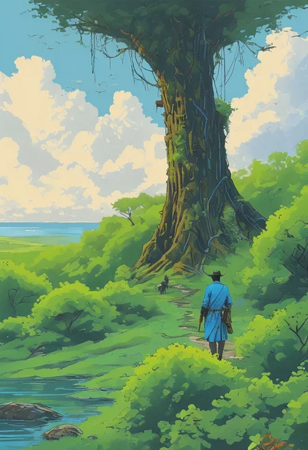 <lora:kallmekris:0.5> kallmekris mixed with <lora:esme_sdxl:0.5>solo, 1 man, walking through a lush valley, a sacred temple, archeology, treasure hunt, ancient ruins, stone, , rocks, a cascading waterfall in the background. towering ancient trees, creepers, glowing plants, blue glowing lights, neon, neon light, and a distant light guiding the way, blue sky, green environment cinematic, epic, digital painting, colorful, green, blue, dark colors, details, adventure, oil painting, palette knife soft brushstrokes, heavy strokes, dripping paint, art station on trend, sharp focus, intricate details, highly detailed ,art by enki bilal, art by philippe druillet, art by moebius, inspired by french comics art ,art by Jakub Rozalski,