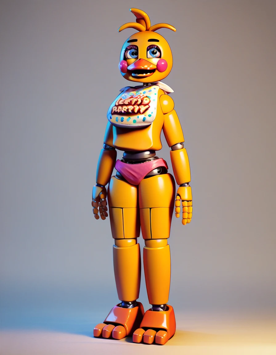 Toy_ChicaFNAF, 1girl, solo, blue eyes, standing, full body, female focus, makeup, colored skin, robot, joints, robot joints, yellow skin, bib, english text on bib, animatronic, pink cheeks, orange beak, pink panties