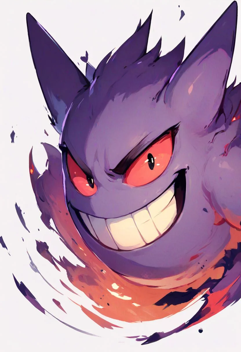 score_9, score_8_up, score_8,
gengar, solo, no humans, red sclera, v-shaped eyebrows, black eyes, evil smile,
floating, looking at viewer, white background,