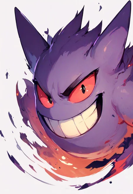 score_9, score_8_up, score_8,
gengar, solo, no humans, red sclera, v-shaped eyebrows, black eyes, evil smile,
floating, looking at viewer, white background,