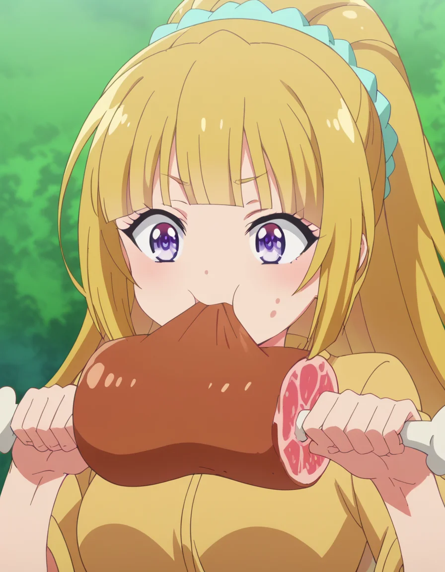 score_9, score_8_up, score_7_up, source_anime, <lora:kei-karuizawa-anime-s2-ponyxl-lora-nochekaiser:1>, kei karuizawa, long hair, bangs, blunt bangs, purple eyes, blonde hair, hair ornament, ponytail, scrunchie, blue scrunchie, medium breasts, anime screencap, <lora:boned-meat-ponyxl-lora-nochekaiser:1>, boned meat, holding, food, eating, holding food,, ,