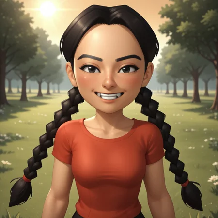 score_9, score_8, BREAK, solo, wii, mii, wii sports, 1girl, female mii, black eyes, black hair, twin braids, black eyebrows, blush, buck tooth, red clothing, black pants, shoes, nintendo mii, modern_mii, classic_mii, breasts, xiao-tong_(wii_sports), cute, sexy pose, smile, outdoors, sunlight, shadows, evening lighting, natural lighting, forest, trees, grass, orange sky, sunset