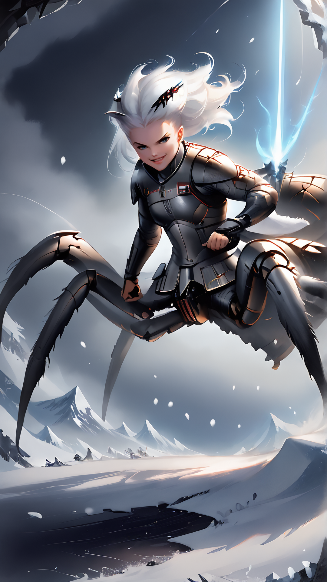 <lora:4r4chn1dPony:0.75>, score_9, score_8_up, score_7_up, score_6_up, fantasy 4r4chn1d, concept art, digital art, realistic, detailed face,  solo, arachnid, Snow leopard cub inspired desktop wallpaper, official_wallpaper, atmospheric, warrior, smirk, combat stance, holding a weapon,  white hair, Medium skin, Ringlets, <lora:Smooth Anime 2 Style SDXL_LoRA_Pony Diffusion V6 XL:0.8>, in location ancient aqueduct, (Masterpiece:1.3) (best quality:1.2) (high quality:1.1)
