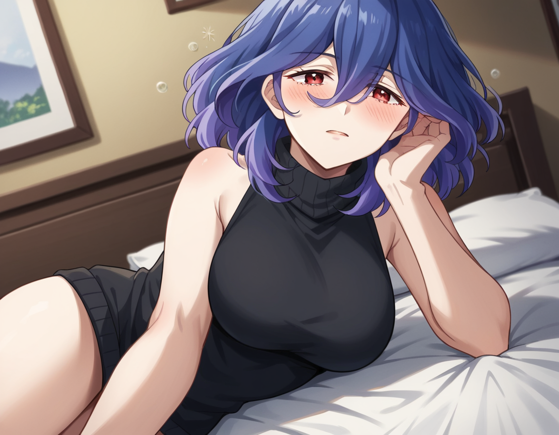 score_9, score_8_up, score_7_up, source_anime,
vermeil, <lora:vermeil-s1-ponyxl-lora-nochekaiser:1>,
vermeil, red eyes, hair between eyes, blue hair, purple hair, multicolored hair, medium hair,
sweater, bare shoulders, sleeveless, turtleneck, black sweater, thighs,
indoors, bed, bed room, on side, blush, drunk,
looking at viewer, cowboy shot, solo, dutch angle,