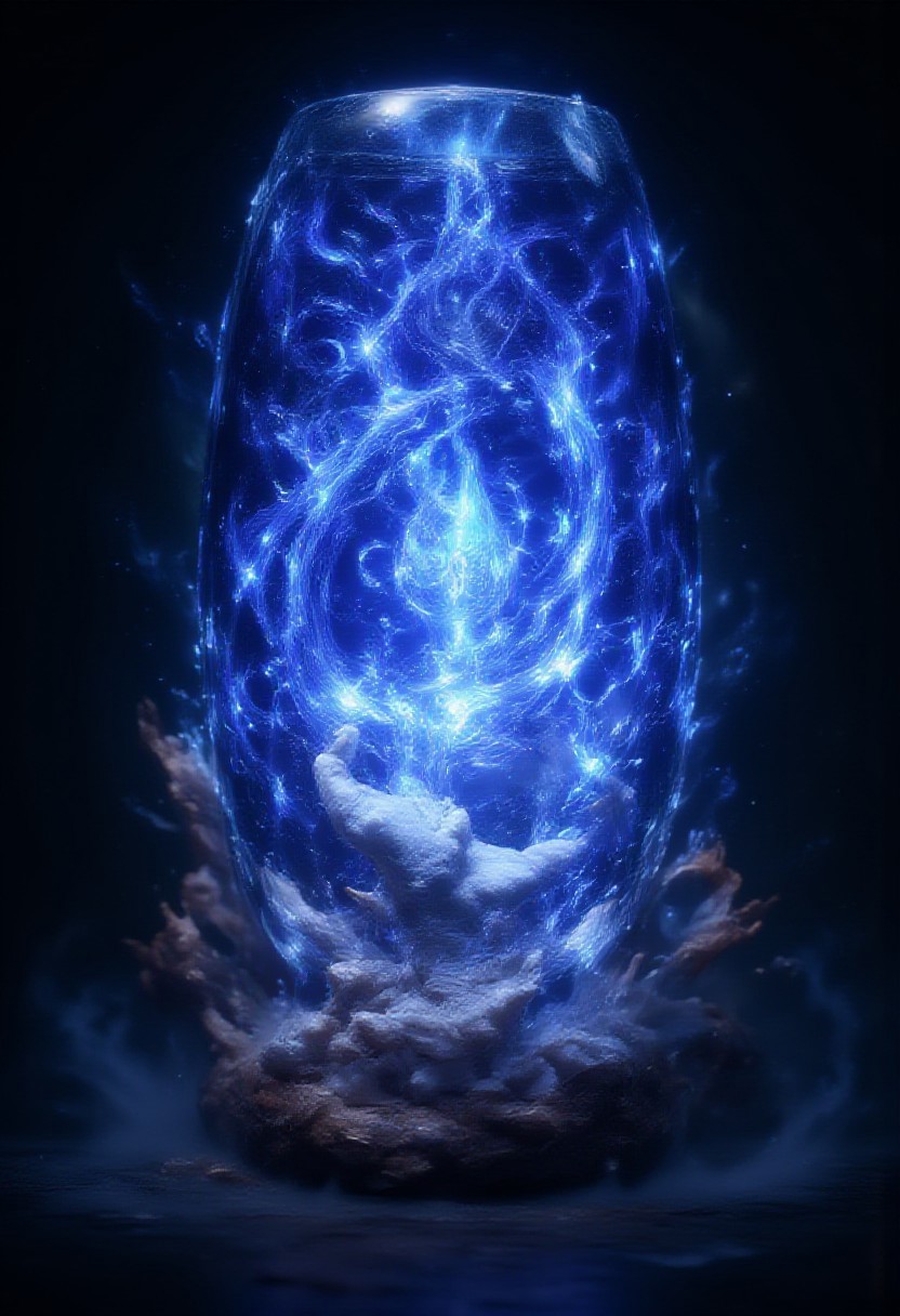 A magical, glowing sapphire crystal, levitating slowly in midair.