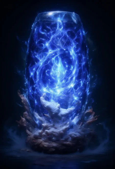 A magical, glowing sapphire crystal, levitating slowly in midair.