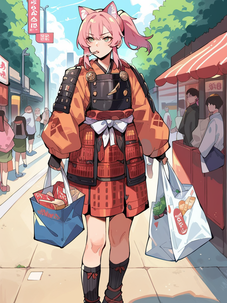 score_9,score_8_up,score_7_up,source_anime,1girl,<lora:samurai_armor_pony:1>,samurai,pink ponytail,standing on street,cigarette,cat ears,shopping bag,