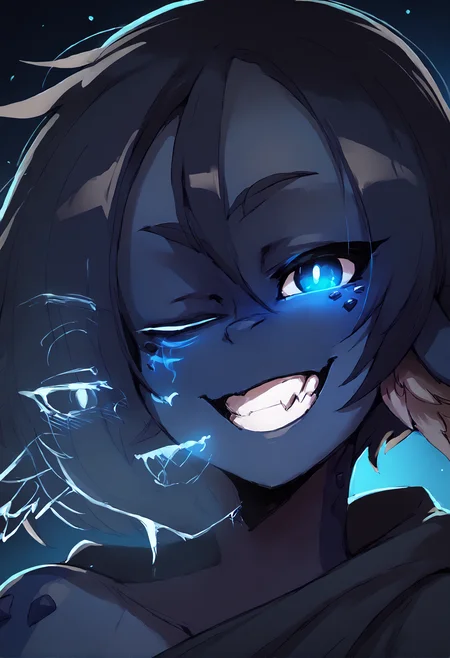 (score_9, score_8_up), score_7_up, score_6_up, score_5_up, score_4_up, (1girl), (blue skin), colored skin, masterpiece, best quality, glowing eyes, Smouldie, dark hair, short hair, tail, animal ears, upper body, black shirt, black scarf, looking at viewer, grin, dark background, <lora:Smolder_XL_Pony_Edition_v2:1> <lora:Smooth Anime Style LoRA XL:0.7>, extra faces, one eye closed, <lora:ExtraFaces_XLPD_CAME:1.75>