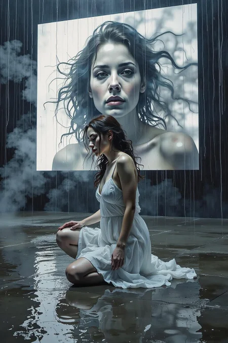 yawc1 watercolor Shot from the side, surreal, overhead shot of a dramatic cinematic scene featuring a woman with long, dark hair, kneeling on a reflective, wet surface under intense artificial rain and lightning. She wears a flowing, sheer, white dress, clinging to her as she gazes forward with an intense, almost sorrowful expression. Behind her, a massive digital screen displays a blurred, haunting image of the same woman, layered with flashes of lightning, adding a surreal, dreamlike quality. The atmosphere is intense and moody, with sharp contrasts of light and shadow, giving a mysterious and electrifying effect. <lora:yawcolor_nocap1_d4a2:1.0> <lora:Flux-Sch-SingleBlocks-BF16:1.0><lora:799524599273593862:0>