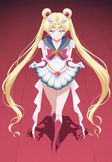 (itou ikuko:1.1),masterpiece,extremely detailed face,best quality,amazing quality,newest,absurdres,highres, super detailed skin,1 girl ,supersailormoon, twintails, circlet, earrings, sailor_collar,sailor senshi uniform,,heartchoker, white_back_bow ,gloves, miniskirt, skirt_hold , naughty_face, seductive_smile, full body, from above
