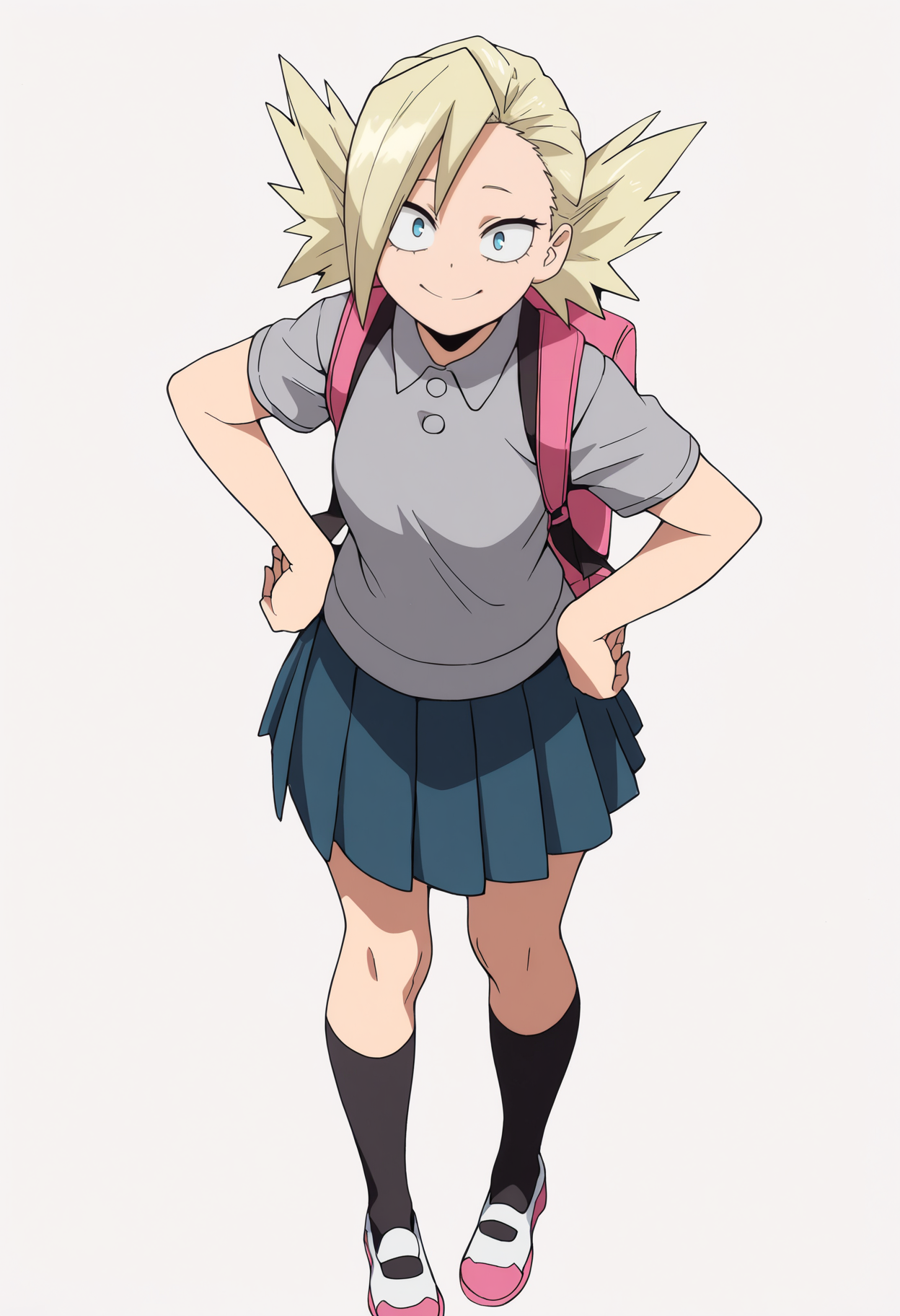 masterpiece, best quality, very aesthetic, absurdres,
1girl, nakagame, blonde hair, short hair, blue eyes,
backpack, pleated skirt, short sleeves, collared shirt, grey shirt, school uniform,
hands on hips, standing, full body,
smile, solo, looking at viewer, simple background, white background,  <lora:TatamiNakagameNoobXL_byKonan:1>