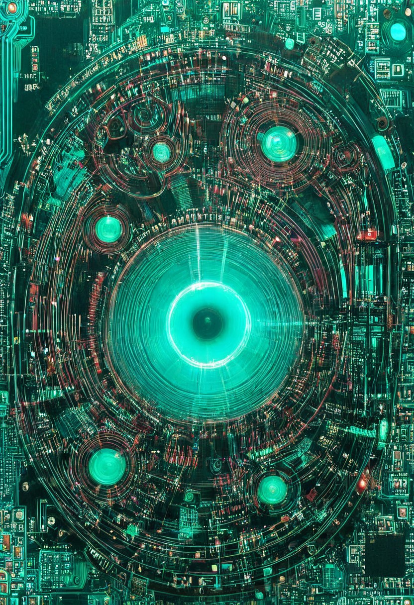 double exposure of opera diva Hatsune Miku with long floating aqua twintails singing high note blending  with a printed circuit board of Yamaha electronics chip processor, <lora:DoubleExposure:1>, (head:1.8), <lora:The Phantom of the Opera style:1.5> The Phantom of the Opera style, <lora:loraeyesxl:0.4>