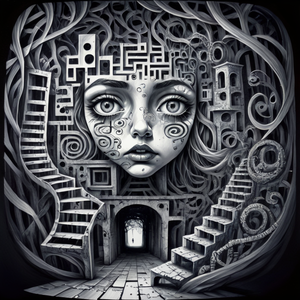 corcoc5s  face punk girl made of puzzles and mazes, optical illusions, bridges, depth and stairs, black ink, very detailed<lora:corcoc5s:1>